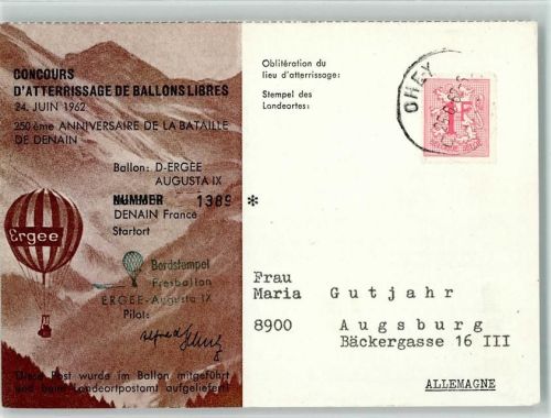 Ergee Heißluftballon Augusta IX und Bordstempel -1962 Diese Post wurde im Ballon mitgeführt