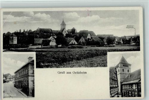 Ötisheim 1956 Rathaus, Kirche, Teilansicht, Eckknick AK