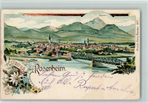 Rosenheim 1902 Gesamtansicht mit Wendelstein Brücke Edelweiß