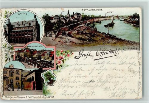 Offenbach 1901 Schloss Ortsansicht Marktplatz Marktszene Mittelportal der Kaserne II. Bat. V. Hess. Inftr. Regts. No. 168 sign. E. Renk Wappen 4-Bildaufnahme