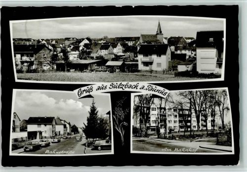Sulzbach Bahnstrasse mit Autos und am Bahnhof, gute Erhaltung AK