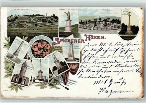 Spicheren 1898 Lithographie Spicherer Höhen Spichernberg Germania im Ehrental Denkmal der 77er Ehrental Denkmal der 53er Denkmal der 40er Denkmal der 39er Winterberg-Denkmal Denkmal der 74er