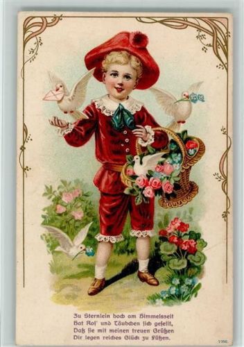 1907 Spruch - Kind mit einem Korb, Rosen, Vergissmeinnicht AK