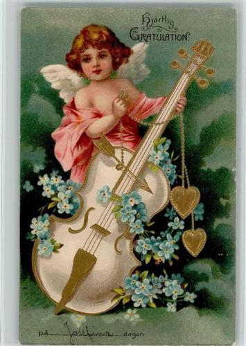 1900 mit einem Cello, goldene Herzen, Vergissmeinnicht AK