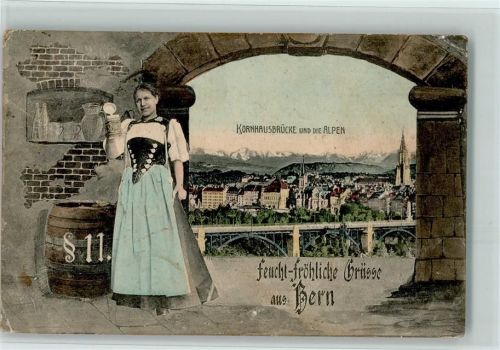 Bern Berne Blick durch die Mauer - Kornhausbrücke, Tracht, Bierkrug Vorhang 1907 Gebrauchsspuren