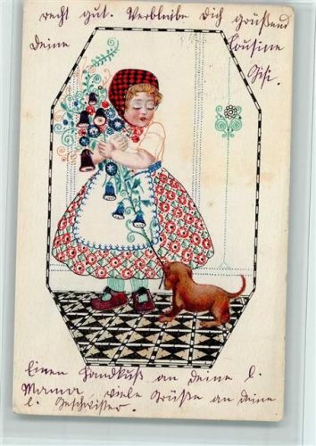 1913 Mädchen mit Blumen und Hund AK