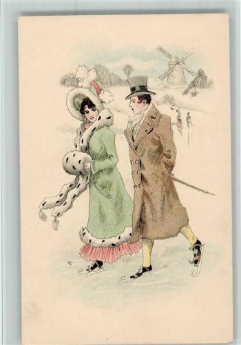 Glamour Paar auf dem Eis - Pelzmode 1898 AK Schlittschuh Lithographie