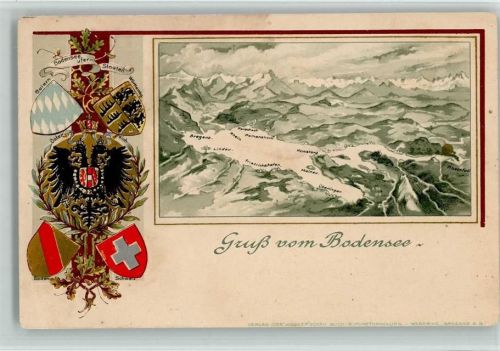 Friedrichshafen Landkarte Bodensee Lithographie/Prägedruck