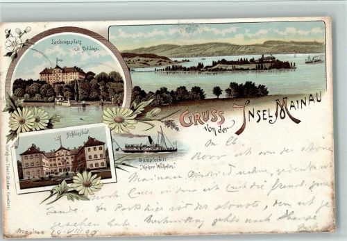 Insel Mainau 1899 Landungsplatz mit Schloss Gesamtansicht Insel Mainau Schlosshof Dampfschiff Kaiser Wilhelm Raddampfer 4-Bildaufnahme