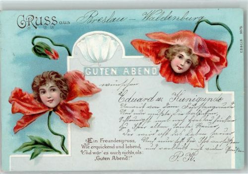 1900 Gruss aus Guten Abend Mohnblumen mit Kinderköpfe AK