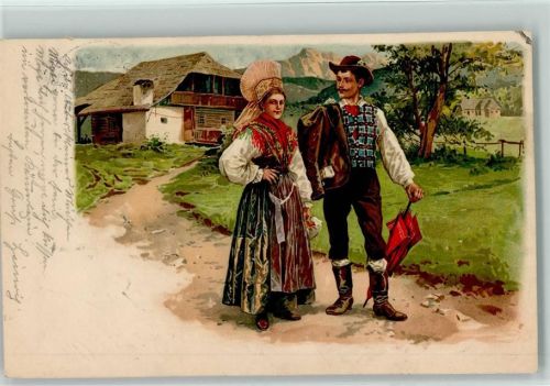 1900 Schönes Trachten-Paar, Dirndl - Regenschirm , Berge