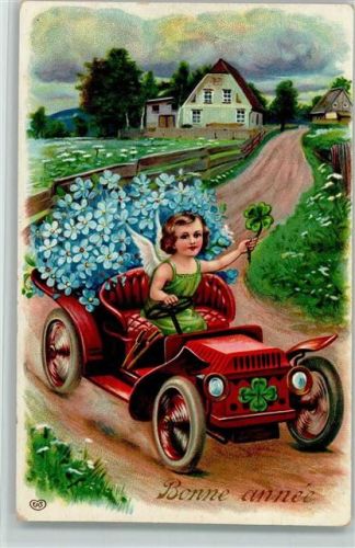 1908 Verlag EAS - Bonne Annee - Serie Amor mit Vergissmeinnicht und einem Kleeblatt