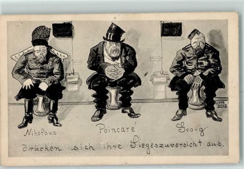 Toilette Poncare, Nikolaus und Georg drücken ihre Siegeszuversicht aus. Karikatur sign. Hans Lemke