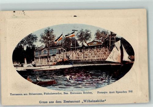 Spandau 1915 Pichelswerder Stössensee Gasthaus Wilhelmshöhe Seeterrassen Fahne Schwarz-Weiß-Rot