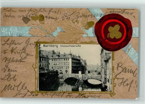 Nürnberg 1902 Museumsbrücke Siegel Vierblättriges Kleeblatt Prägedruck