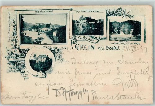 Grein 1897 Bad Kreuzen mit Ruine Donaustrudel mit Ruine Werfenstein und Wörth Schloss Klan