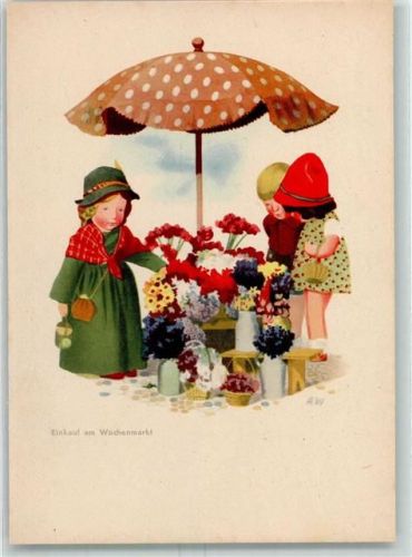Puppen Serie sign. A. Wagner Marktszene Blumenstand