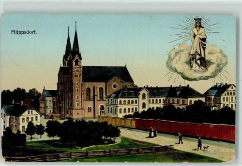 Filippsdorf Wallfahrtskirche Mann mit Hund Madonnenfigur Hotel