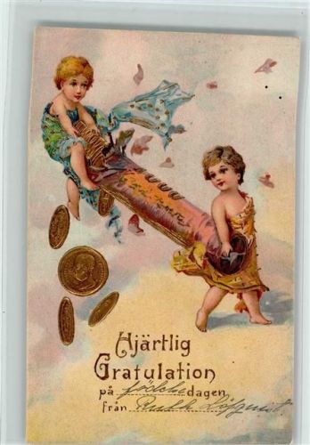 1903 Hjärtlig Gratulation - Kinder mit einer Münzenrolle AK