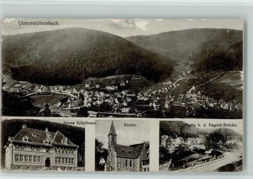 Unterreichenbach Gesamtansicht Neues Schulhaus Kirche Partie bei der Nagold-Brücke 4-Bildaufnahme