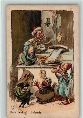 Karikatur Litho - sign Herzig - Painbéni et... Beignets - Fladenbrot