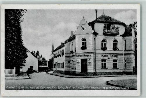 Schleißheim Gasthaus und Metzgerei Hans Spiegl Emailleschilder Foto AK