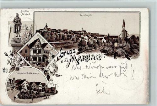 Marbach 1897 Gruss aus - Lithographie , schitter Denkmal und Haus, Cottaplatz , Ottmar Zieher