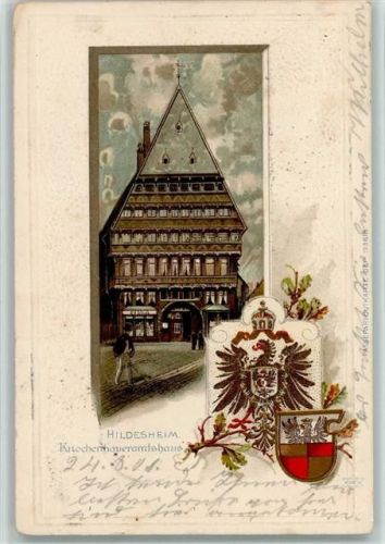 Hildesheim 1901 Lithographie Prägedruck Passepartout Knochenhaueramtshaus Wappen