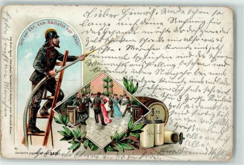 1900 Lithographie Feuerwehrmann mit Wasserschlauch und Tanzball AK