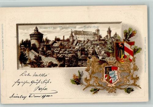 Nürnberg 1900 Lithographie Prägedruck Passepartout Panorama vom Hallerhhor Wappen