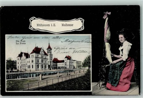 Mulhouse 1907 Die Post Frau Tracht Spinnrad