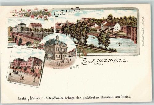 Sarreguemines Postamt Neubrückenstraße Neue Kavallerie-Kaserne Rathaus Werbung Franck-Kaffee-Zusatz Saargemünd