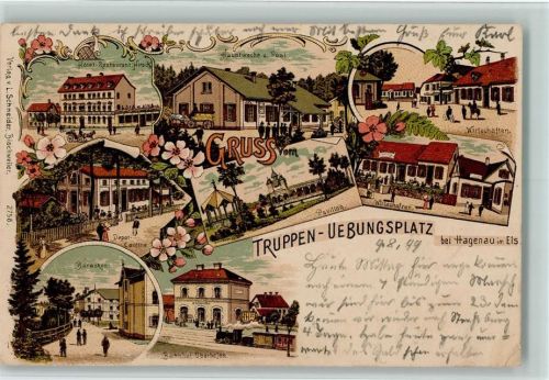 Haguenau 1899 Gruss aus - Truppen Übungsplatz , Bahnhof Oberhofen mit Eisenbahn AK