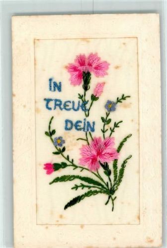 Seidenstickerei Blumen "In treue Dein" Passepartout AK