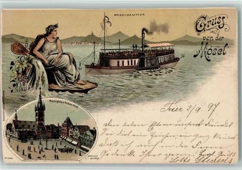 Trier 1897 Lithographie Moseldampfer Frau mit Floss Marktplatz Rothes Haus
