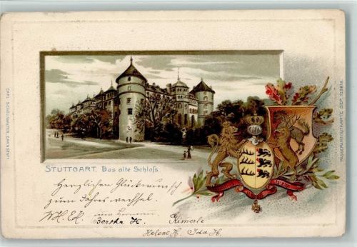 Stuttgart Lithographie Prägedruck Passepartout Das alte Schloss Wappen