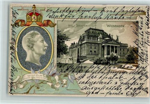 Wiesbaden 1902 Lithographie Prägedruck Passepartout Kgl. Theater Porträt Kaiser Wilhelm II.