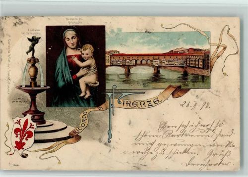 50100 Firenze 1898 Lithographie Fontana del Verracchio Madonna del Grandura Ponte Vecchio Wappen