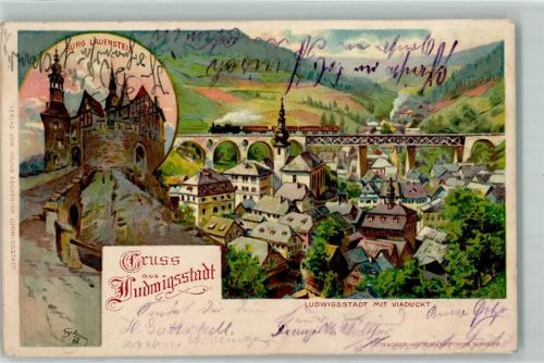 Ludwigsstadt 1900 Burg Lauenstein Eisenbahnviadukt sign. Schramm