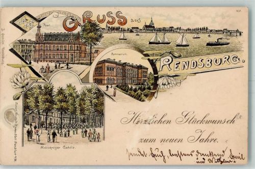 Rendsburg 1897 Post Gymnasium Nobiskrüger Gehölz Segelboote Lithographe