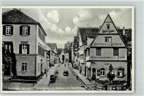 Güglingen WK II Hauptstraße Rathaus Marktbrunnen Cafe Kolonialwaren G. Breckle Emailleschild