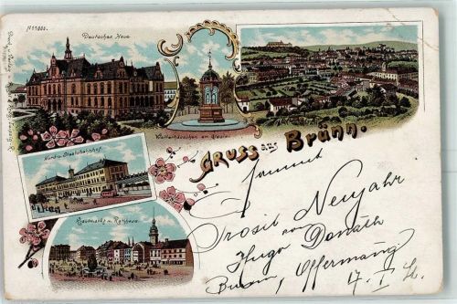 Brno Deutsches Haus Wetterhäuschen Nord- und Staatsbahnhof Krautmarkt Rathaus Lithographie