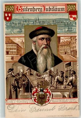 Jubiläum 1400-1900 Buchdrucker Wappen AK Gutenberg 1900 Lithographie / Künstlerkarte