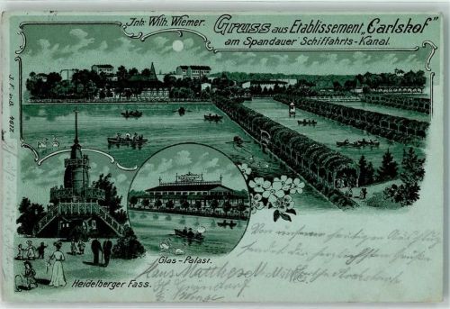Spandau 1902 Etablissement Carlshof am Spandauer Schiffahrts-Kanal Inh Wilh. Wiemer Heidelberger Fass Glas-Palast