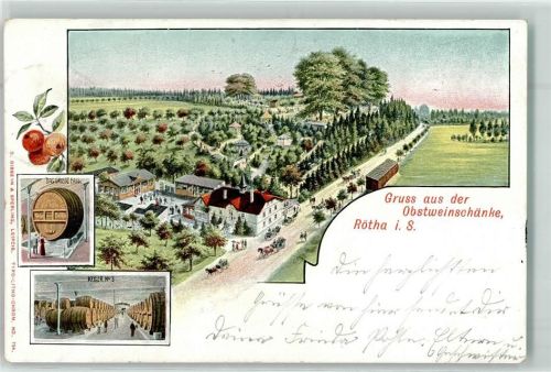 Rötha 1912 Gruss aus der Obstweinschänke Fass Keller Kutsche Bahnpost