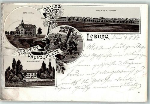 Loburg 1898 Truppen-Übungsplatz Kommandatur Berg-Hotel Soldaten Trompete Gewehr Bajonett Bahnpoststempel