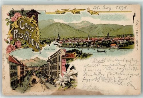 Rosenheim 1898 Bahnhofstraße Ruderboot Kirche Fabrik Blumen Gruss Lithographie