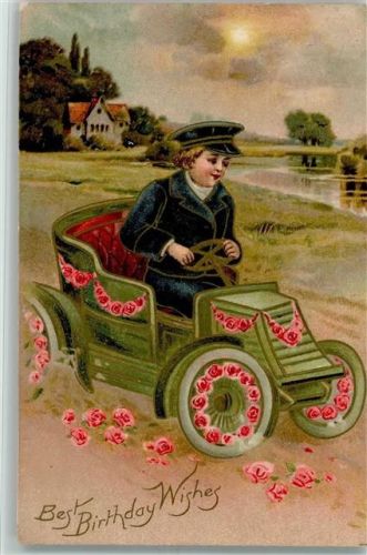 1908 Birthday - Automobil mit Rosenblüten , gute Erhaltung AK
