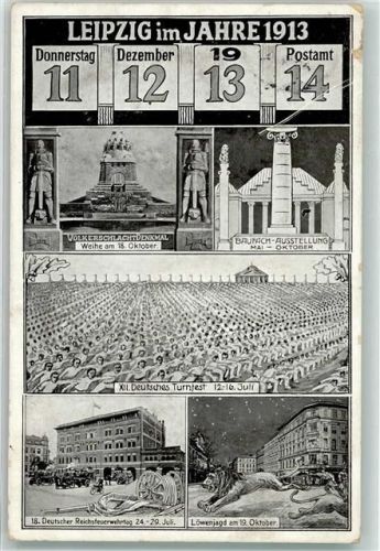 Leipzig 1913 11.12.13 Postamt 14 Völkerschlachtdenkmal Baufach Ausstellung XII. Deutsches Turnfest 18. Deutscher Reichsfeuerwehrtag Löwenjagd