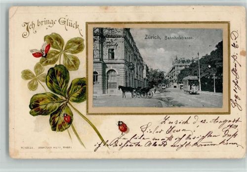 Zürich Lithographie Prägedruck Passepartout Bahnhofstrasse Strassenbahn Vierblättriger Klee Marienkäfer